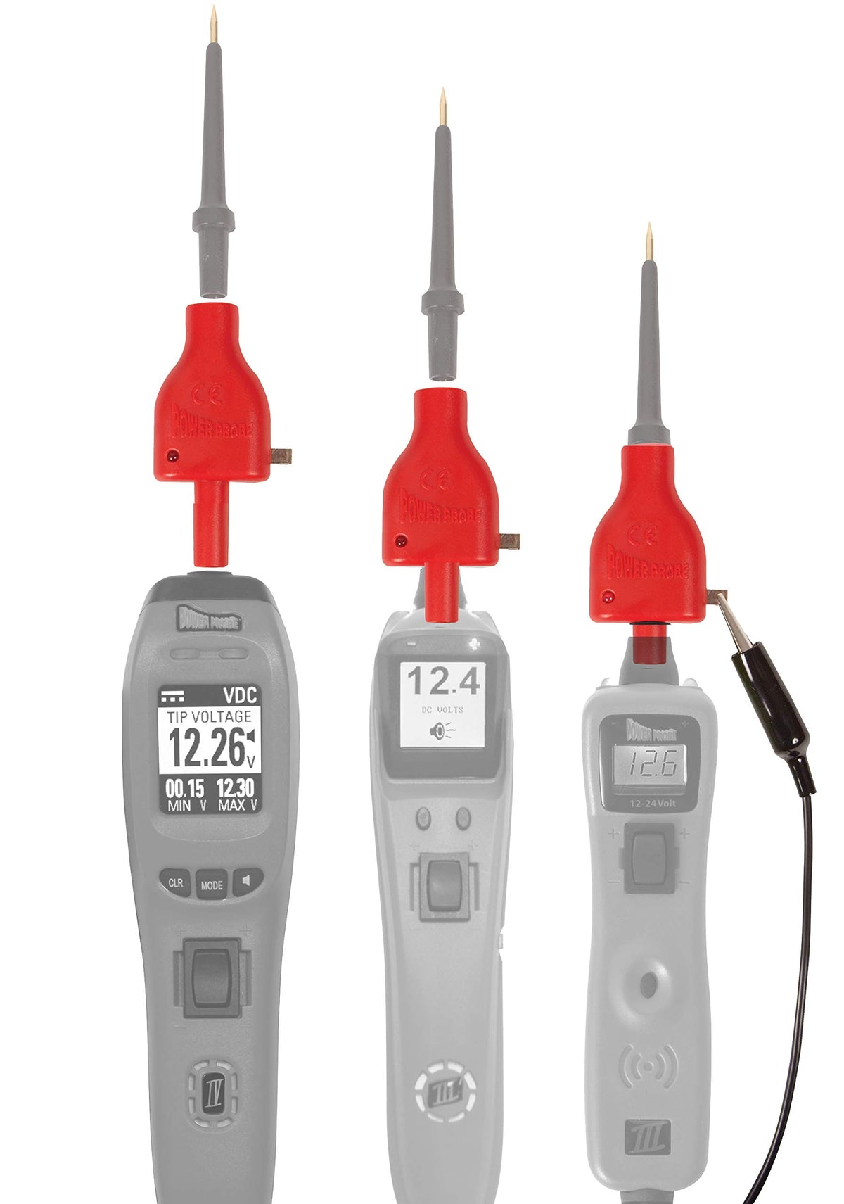 Power Probe 5V adapter attached to a 4mm banana tip for controlled test voltage.