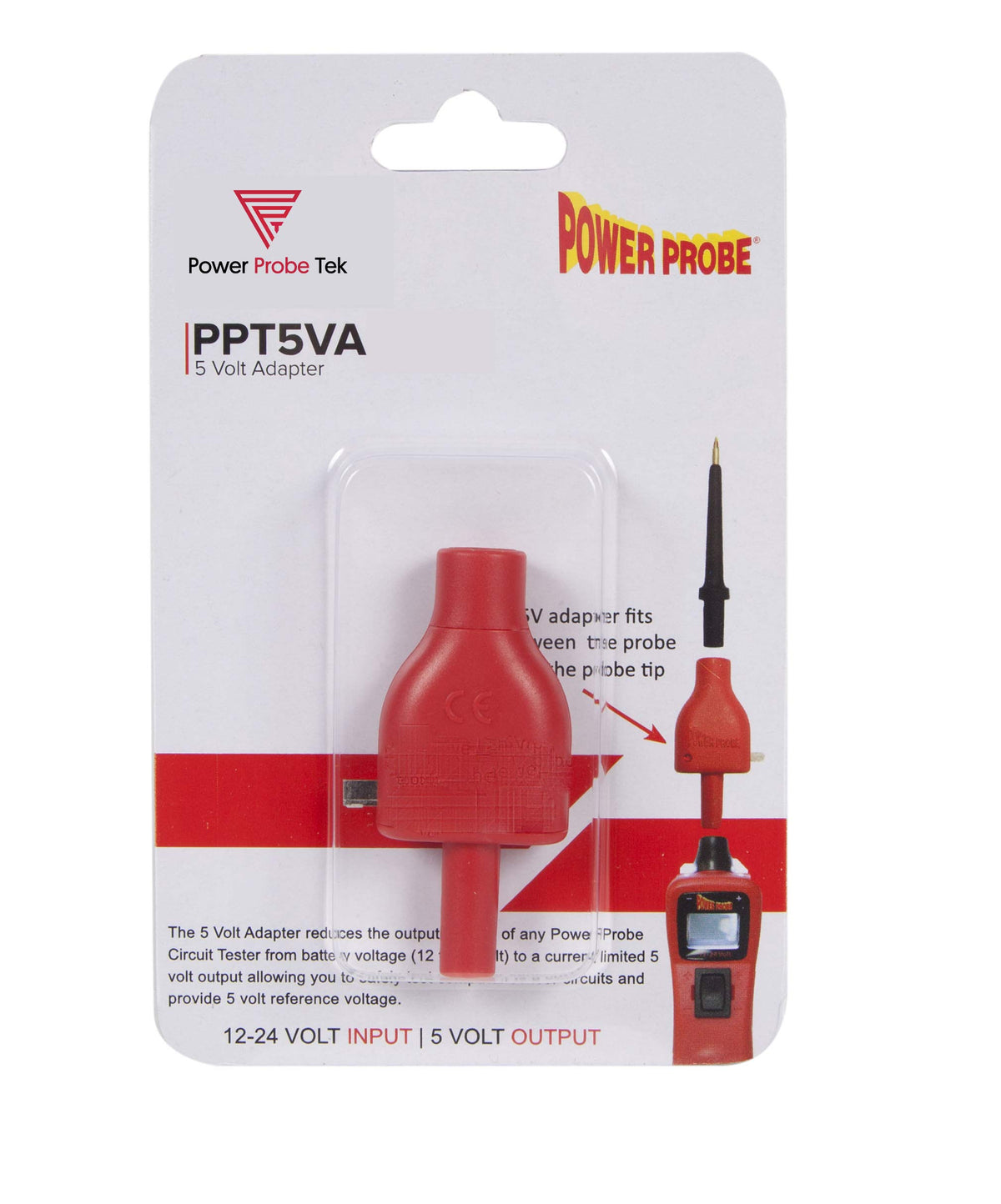 Power Probe 5V reference adapter connected to Tek circuit-tester for safe 5V reference.
