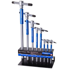 Powerbuilt 8 pc metric T-handle set with slide-center action for fast, precise hex work.