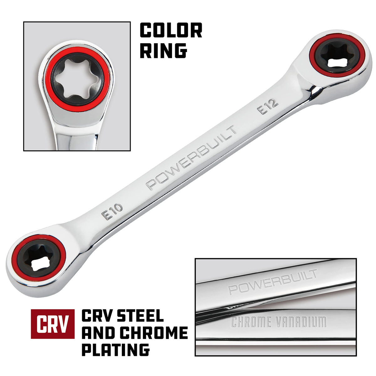 Powerbuilt E-Torx wrench 5-degree swing for easy access.