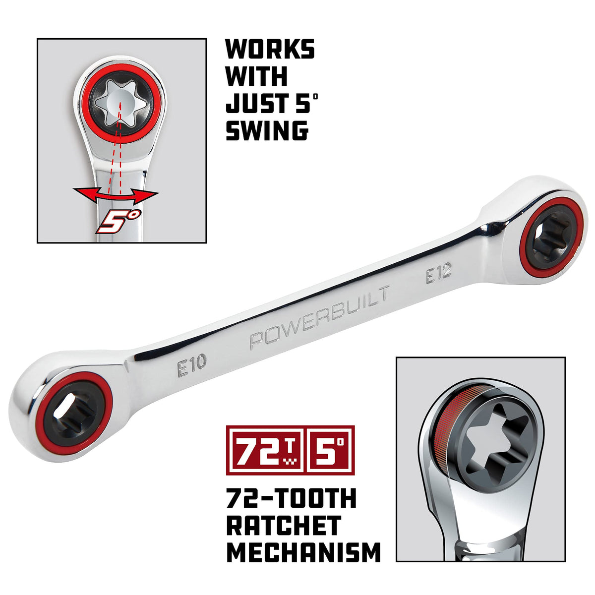 Powerbuilt E-Torx wrench 72-tooth ratchet close-up enables smooth operation.