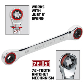 Powerbuilt E-Torx wrench 72-tooth ratchet close-up enables smooth operation.