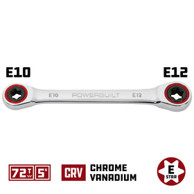 Powerbuilt E-Torx wrench close-up shows E10/E12 sizes for versatile fasteners.