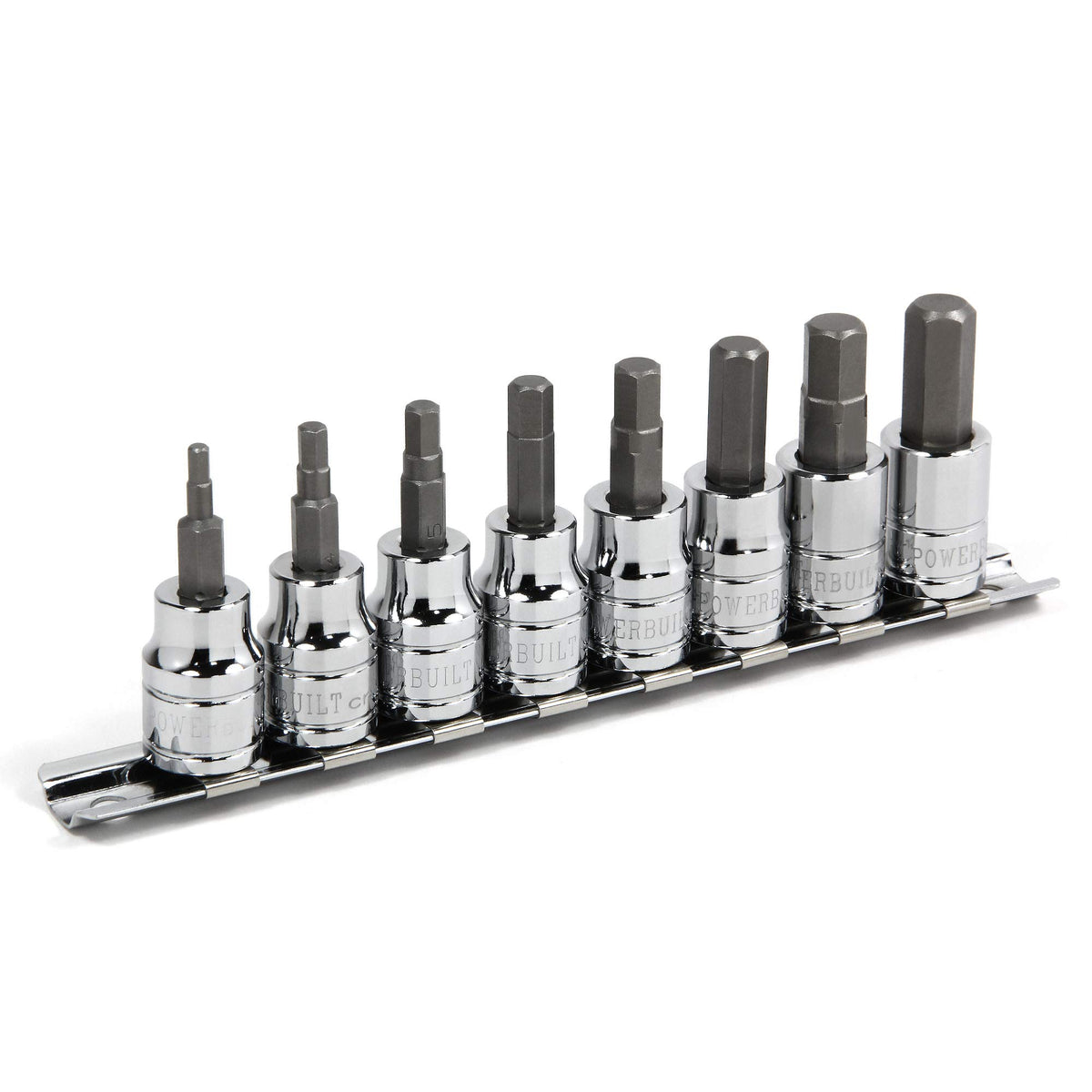 Powerbuilt hex bit socket set on rail showing full range for easy access