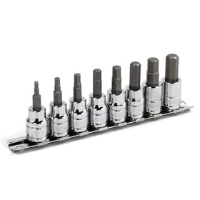 Powerbuilt hex bit socket set on rail showing full range for easy access