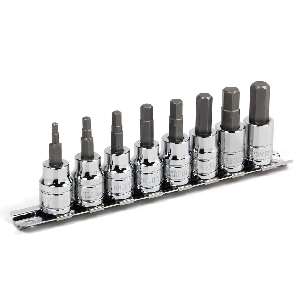 Powerbuilt hex bit socket set on rail showing full range for easy access