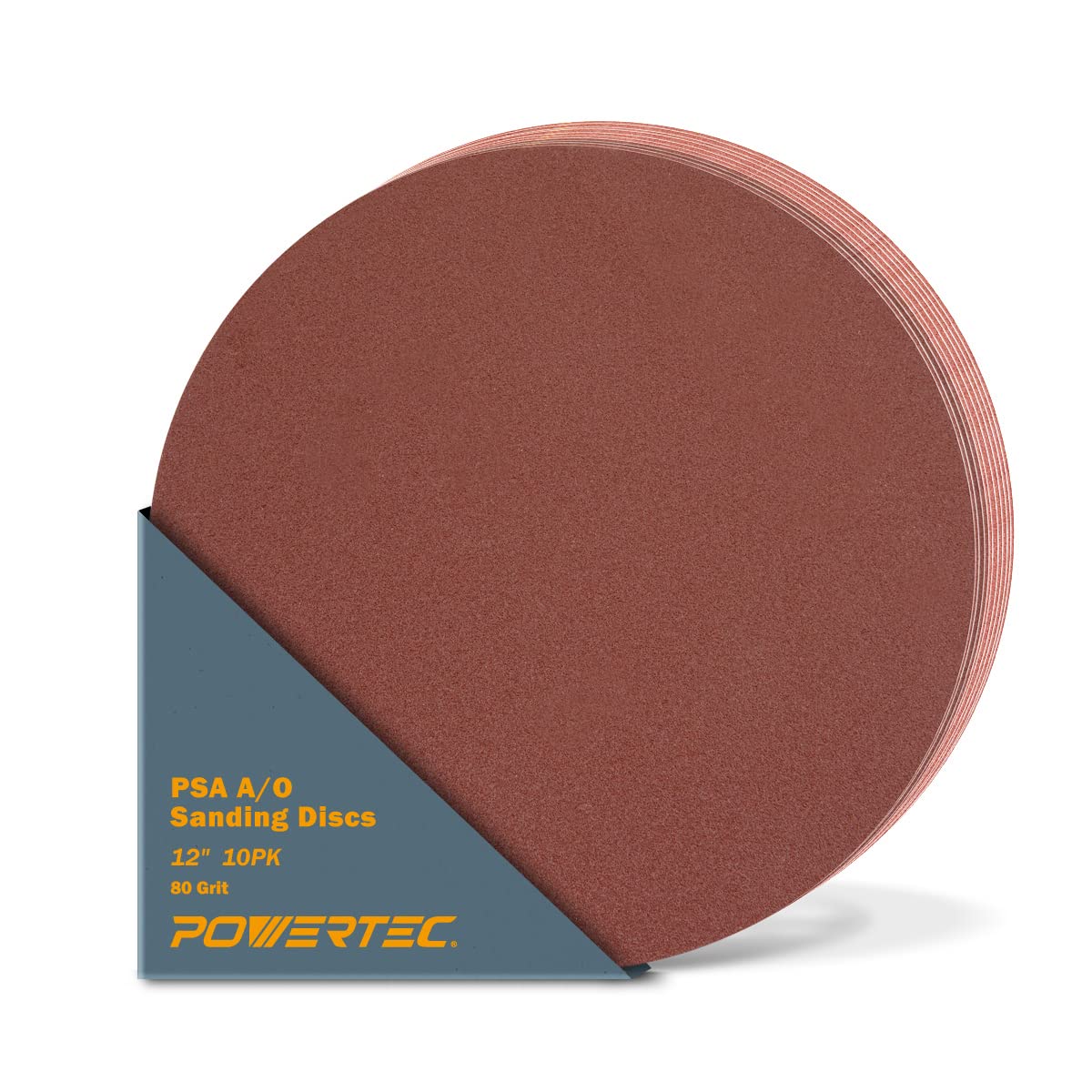 POWERTEC 12-inch 80-grit PSA sanding disc for smooth wood and metal sanding.