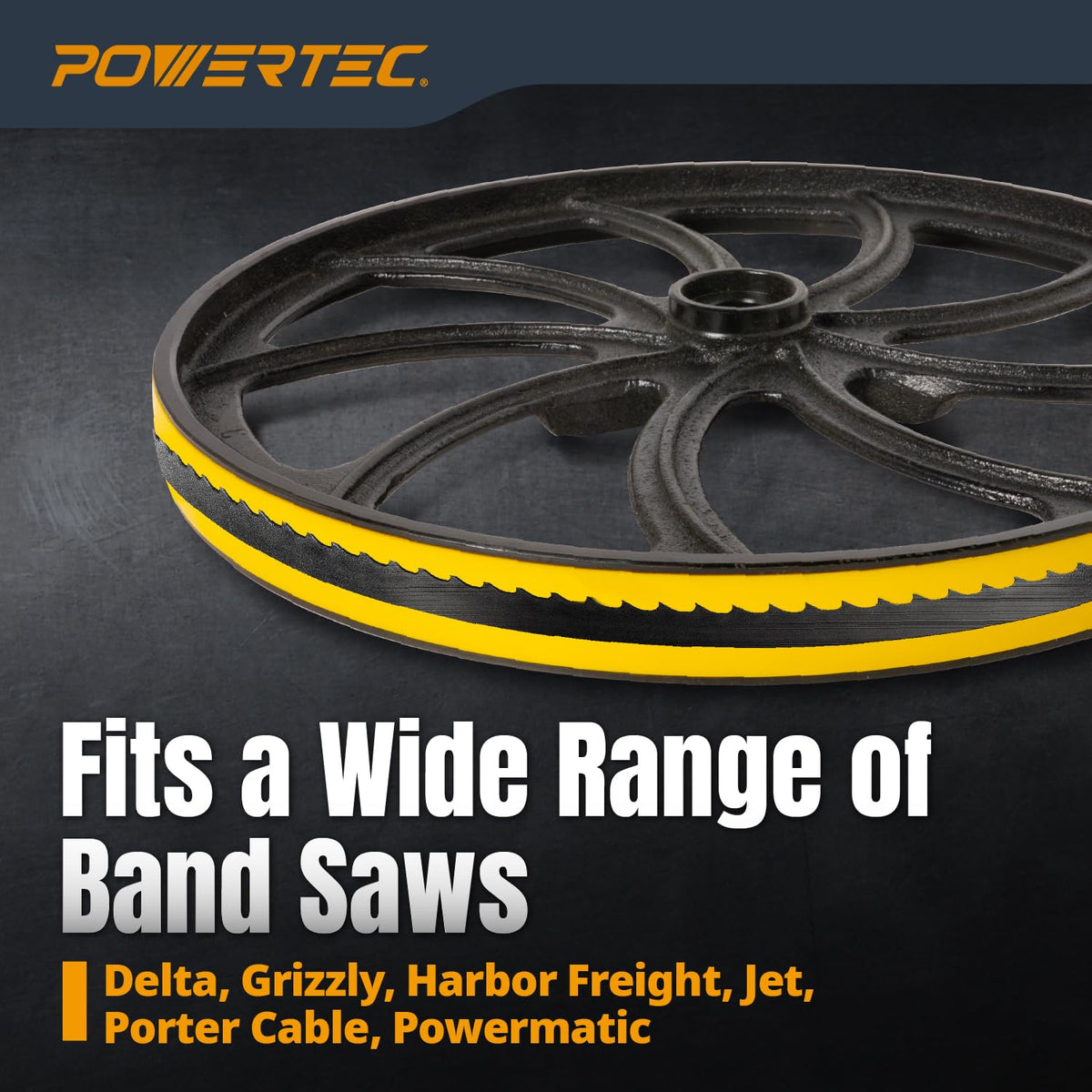 POWERTEC 14in band saw tire fit-on-saw view demonstrates compatibility.