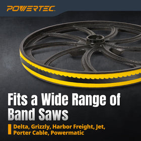 POWERTEC 14in band saw tire fit-on-saw view demonstrates compatibility.