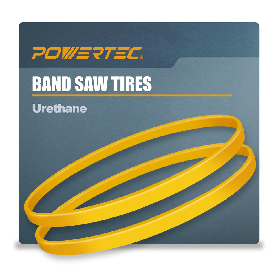 POWERTEC 14in band saw tire front view shows durable urethane fit.