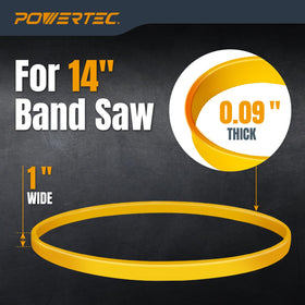 POWERTEC 14in band saw tire side view highlights easy installation.