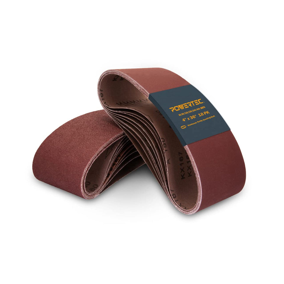 POWERTEC 18-pack belts in aluminum oxide for durable wood sanding.