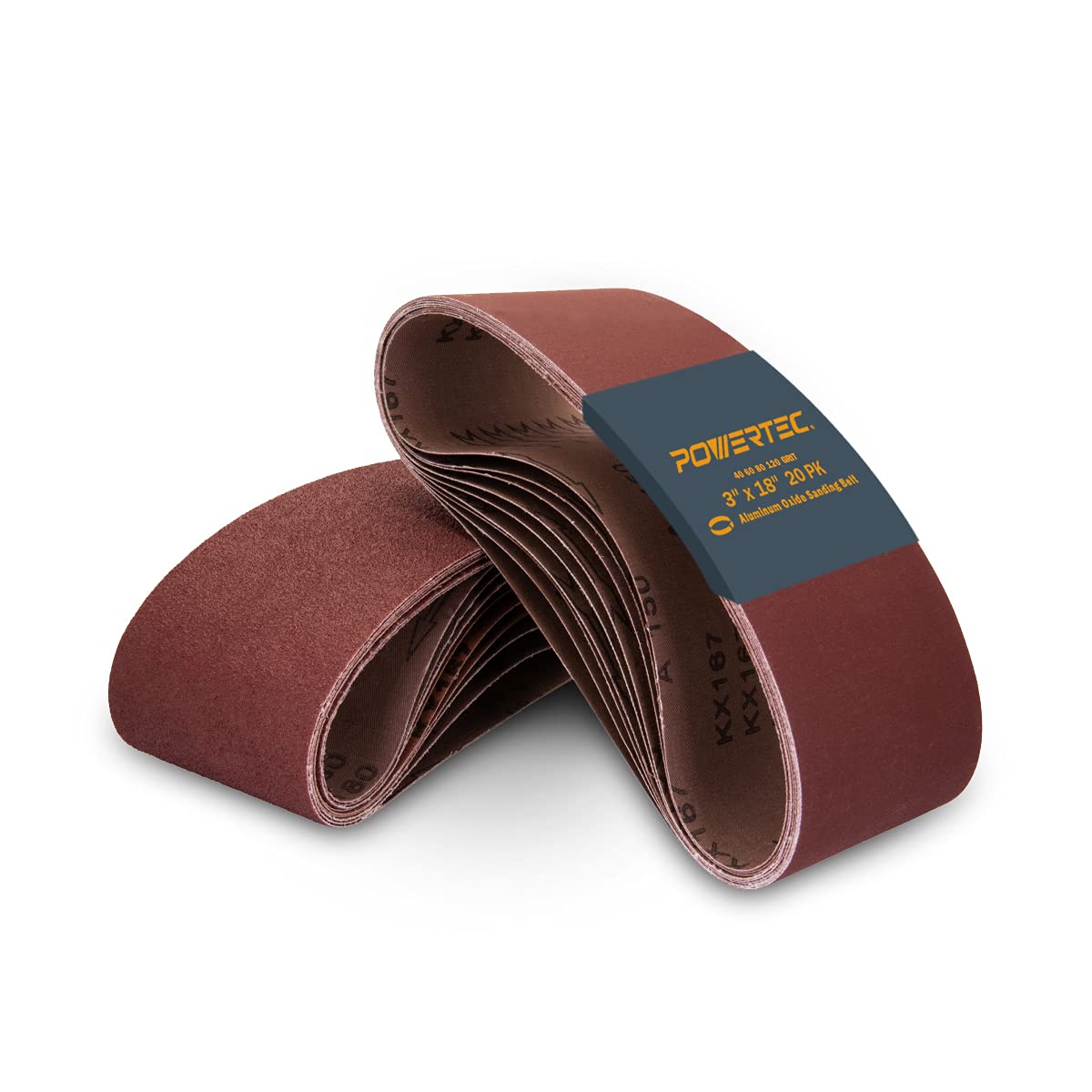 POWERTEC 3x18 sanding belt in 40 grit for fast wood material removal.