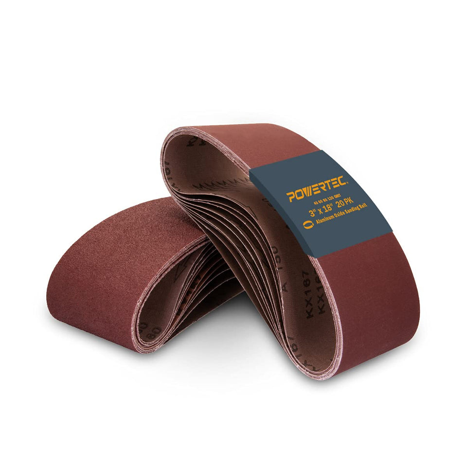 POWERTEC 3x18 sanding belt in 40 grit for fast wood material removal.