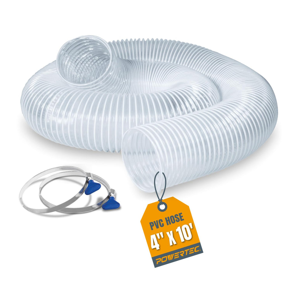 POWERTEC 4in dust collection hose, transparent view, showing easy dust visibility