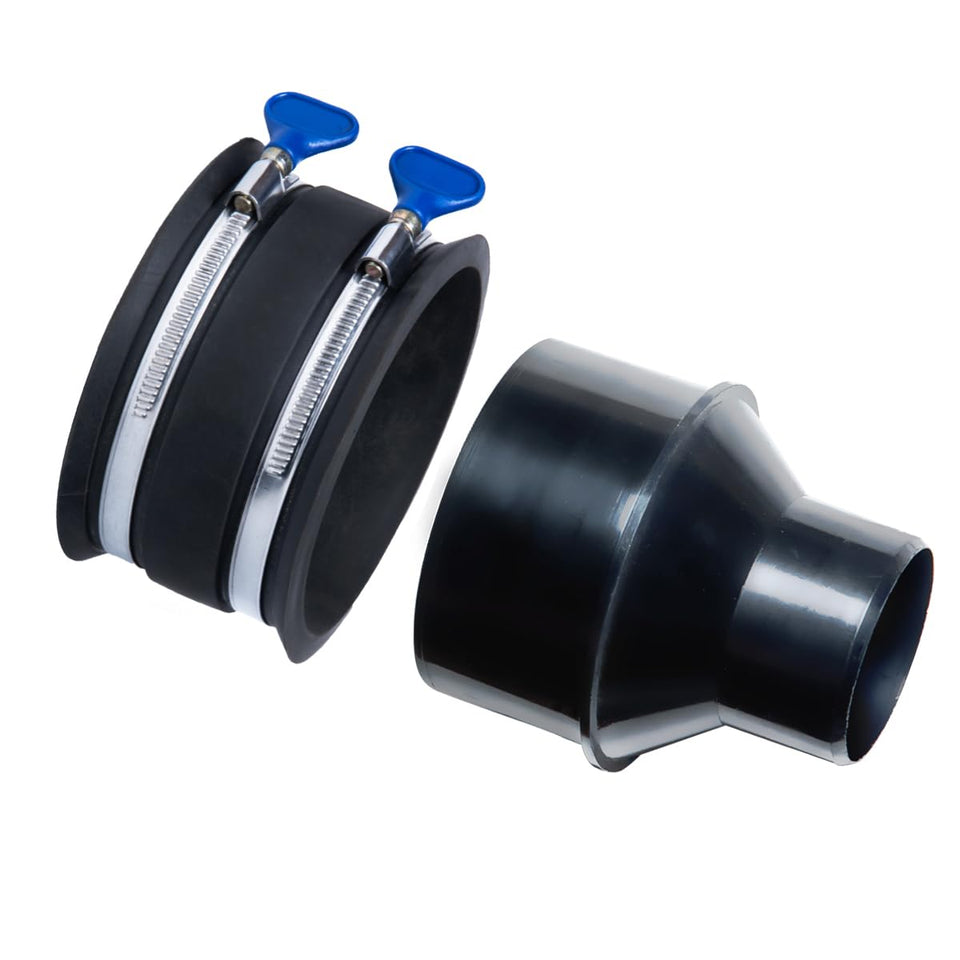 POWERTEC flex cuff with clamps forms an airtight 4" duct connection.