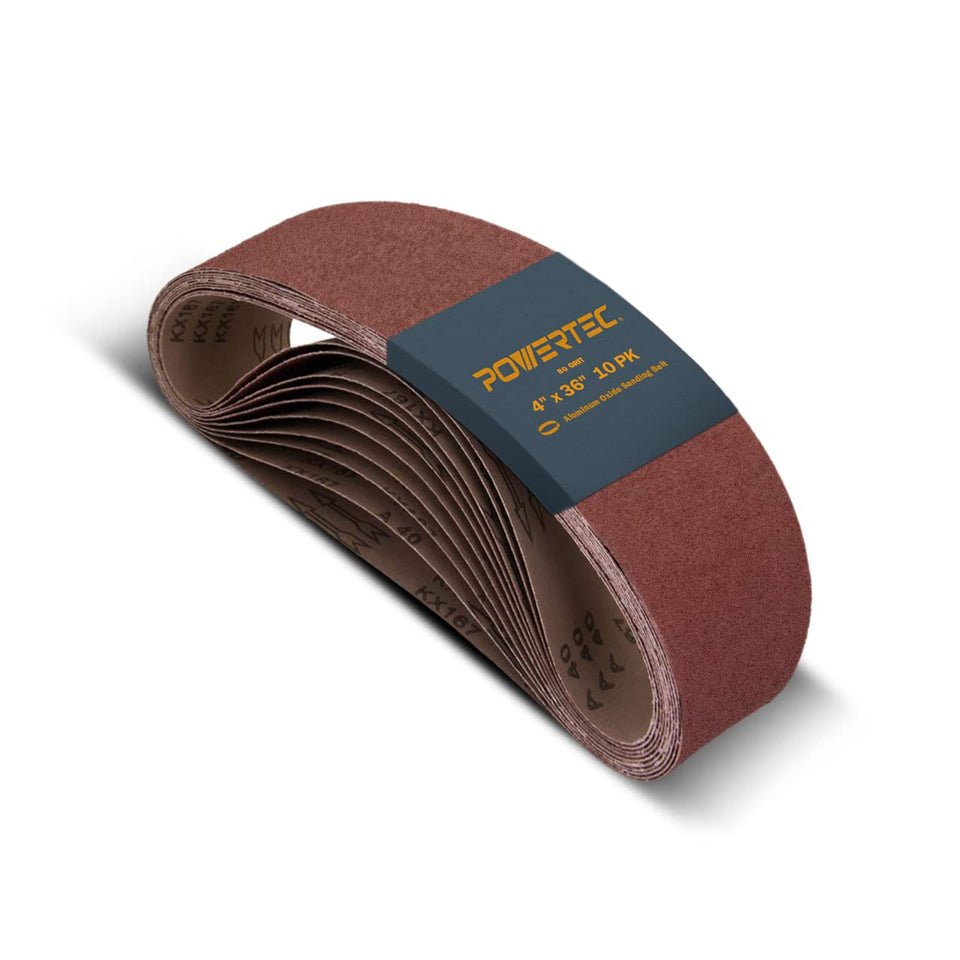 POWERTEC 4x36 inch sanding belt in action for wood shaping and finishing