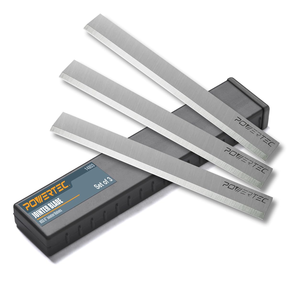 POWERTEC 6-inch jointer knives aligned on Delta 37-658 head for clean precision cuts.