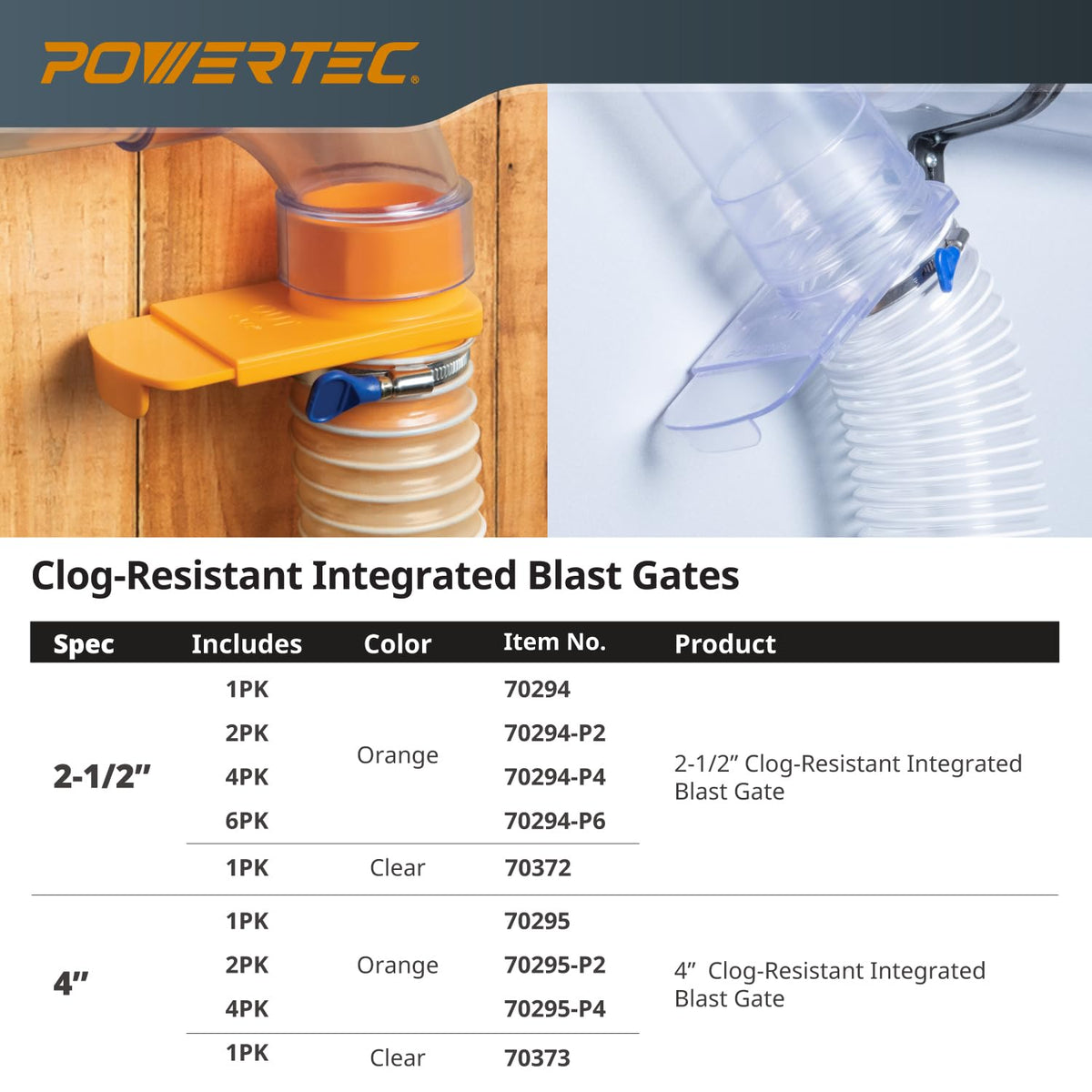 POWERTEC embossed OUT mark aligns with dust collection hookup