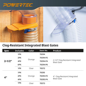 POWERTEC embossed OUT mark aligns with dust collection hookup