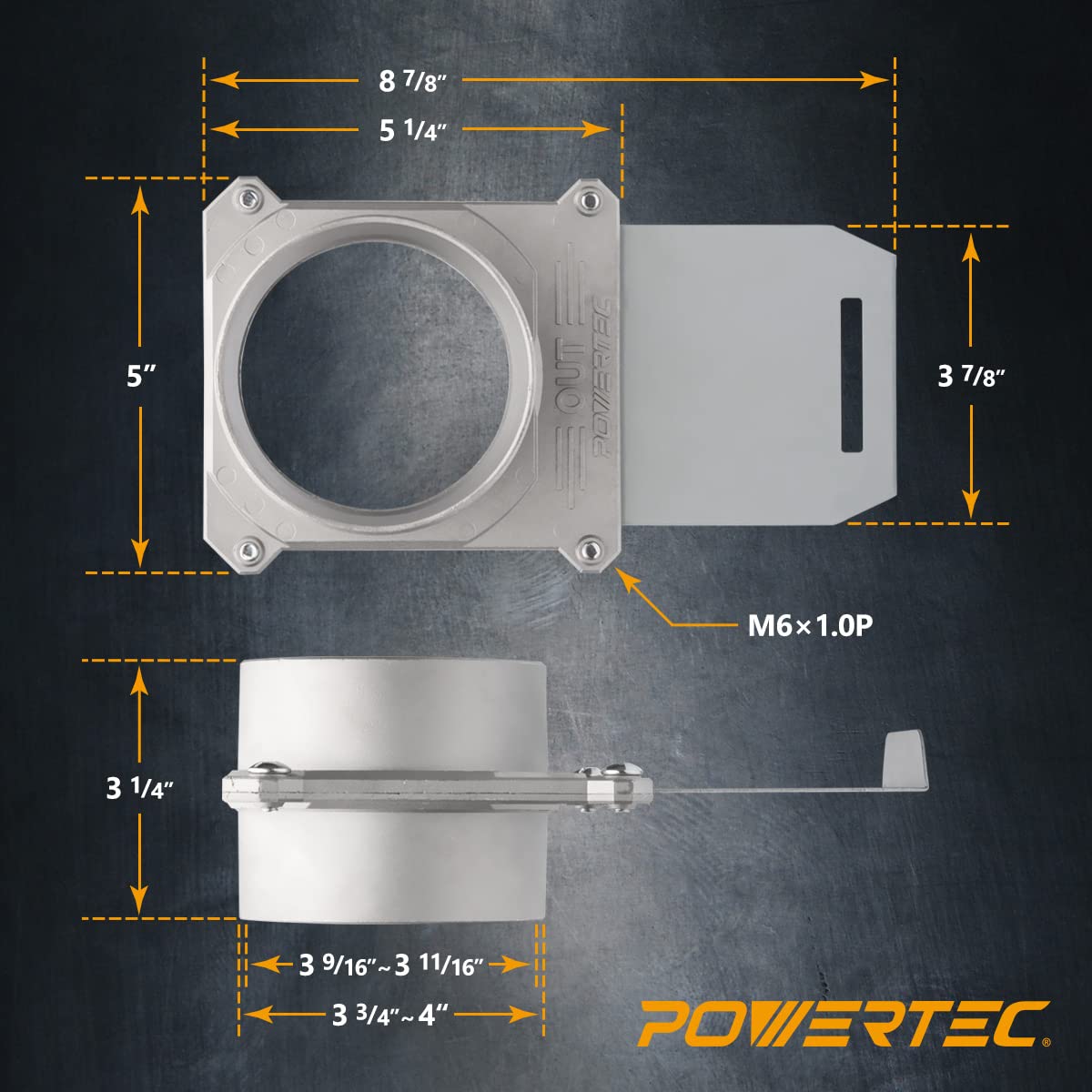 POWERTEC blast gate shown in-line for directed dust extraction