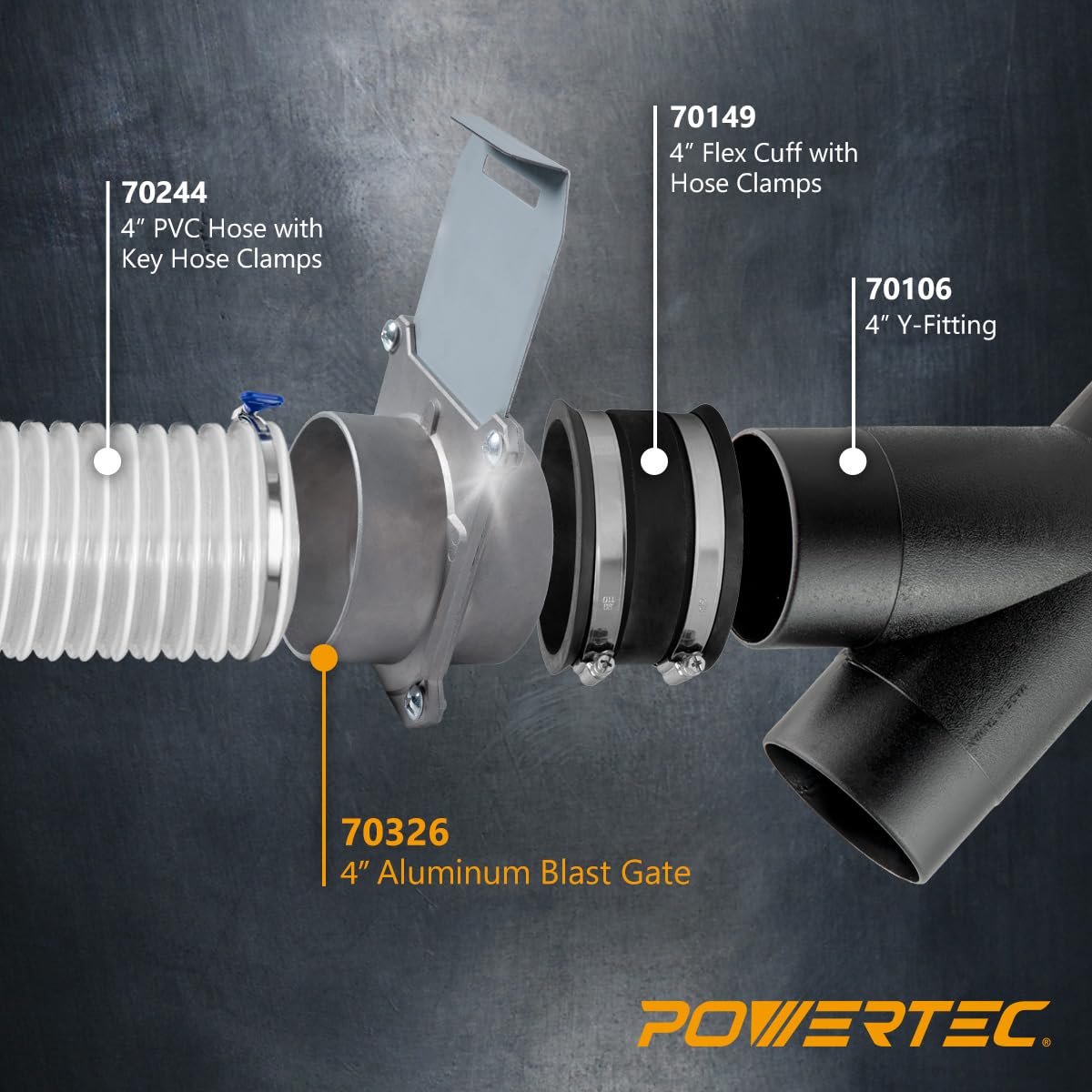 POWERTEC blast gate with built-in locking stop stays aligned
