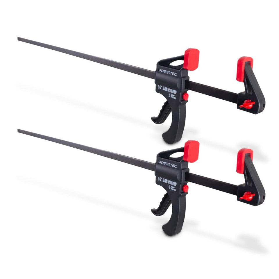 POWERTEC 71597 36-Inch bar clamp with spreader in use for precise glue-ups.
