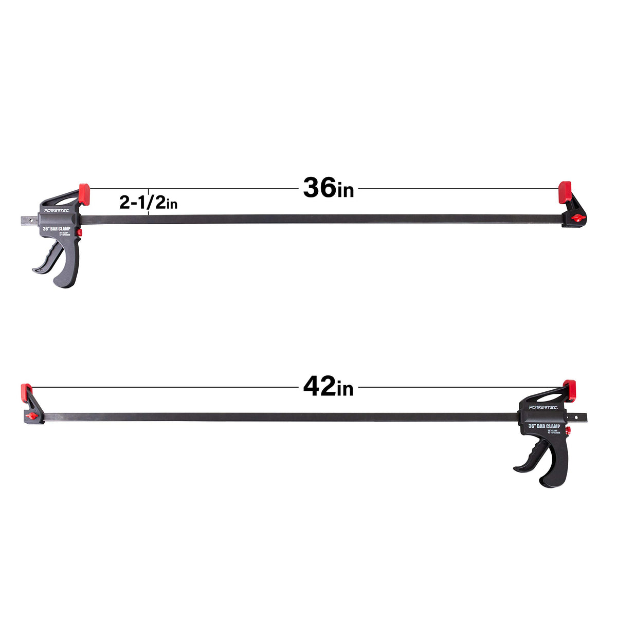 POWERTEC 36-inch reach with 2.5-inch throat supports medium-size assemblies.