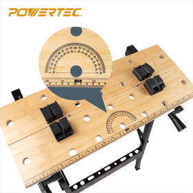 POWERTEC bench dogs included for versatile clamping setups on the portable bench.