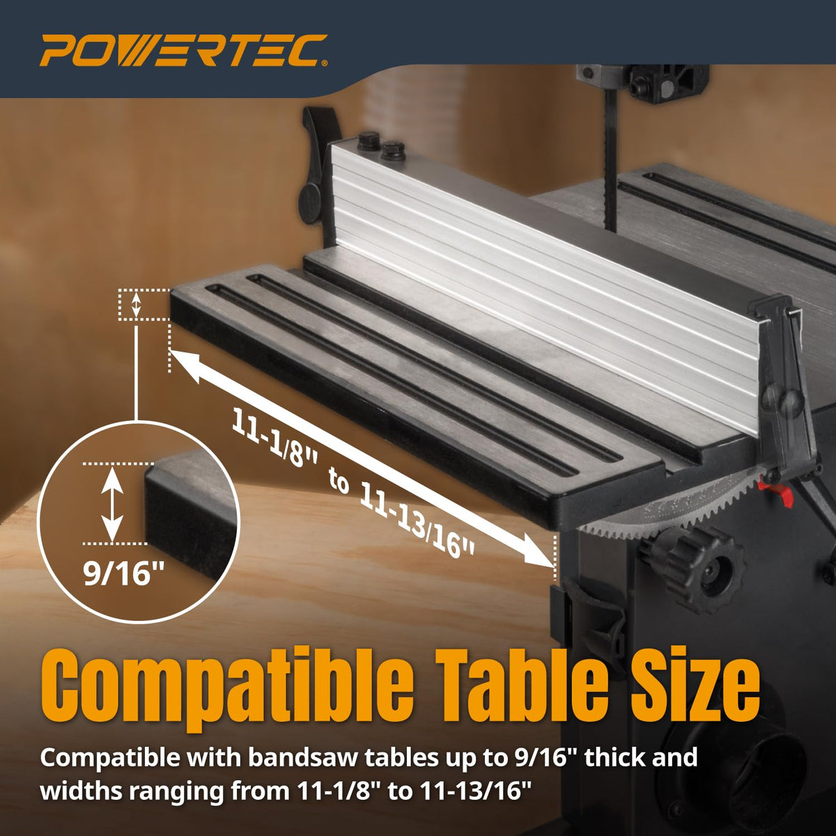 POWERTEC BS900RF aluminum fence with guide bars ensures precise straight cuts