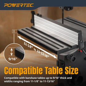POWERTEC BS900RF aluminum fence with guide bars ensures precise straight cuts