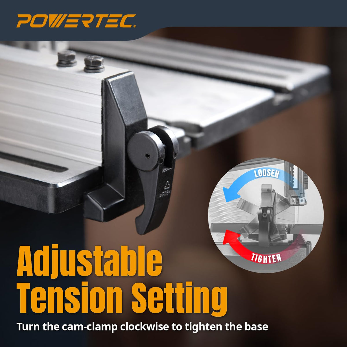 Close up of the easy to use cam lock lever on POWERTEC BS900RF