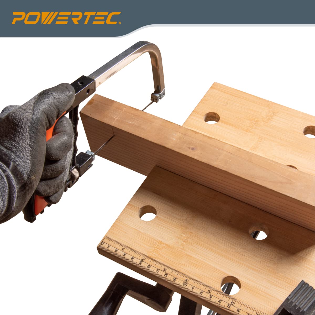 POWERTEC built-in tool storage keeps essential items within reach during tasks.