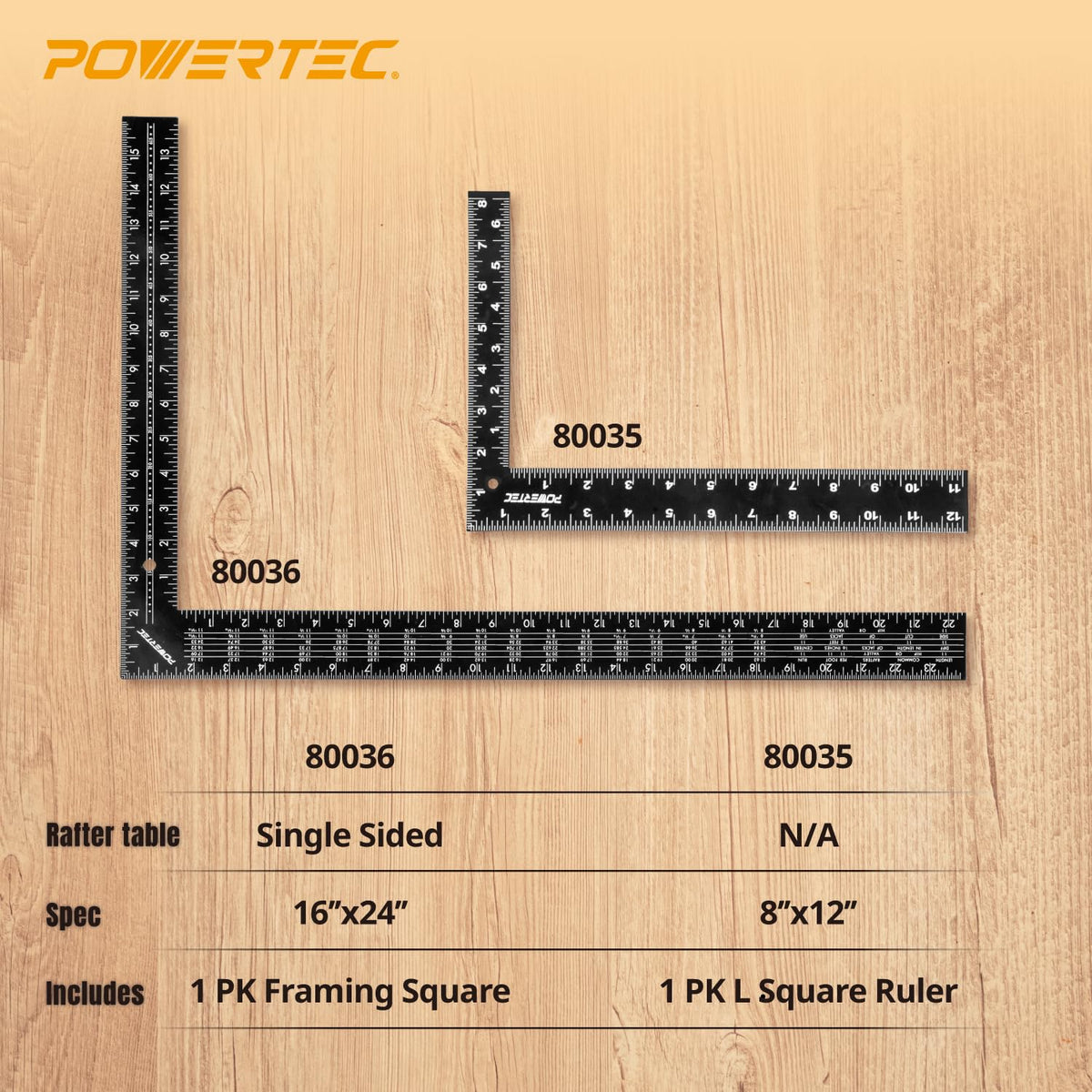POWERTEC carpenter square 8x12 close-up markings for quick readings