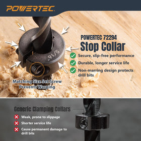 POWERTEC drill bit stop collar 1/4 inch keeps holes consistent in doweling projects.