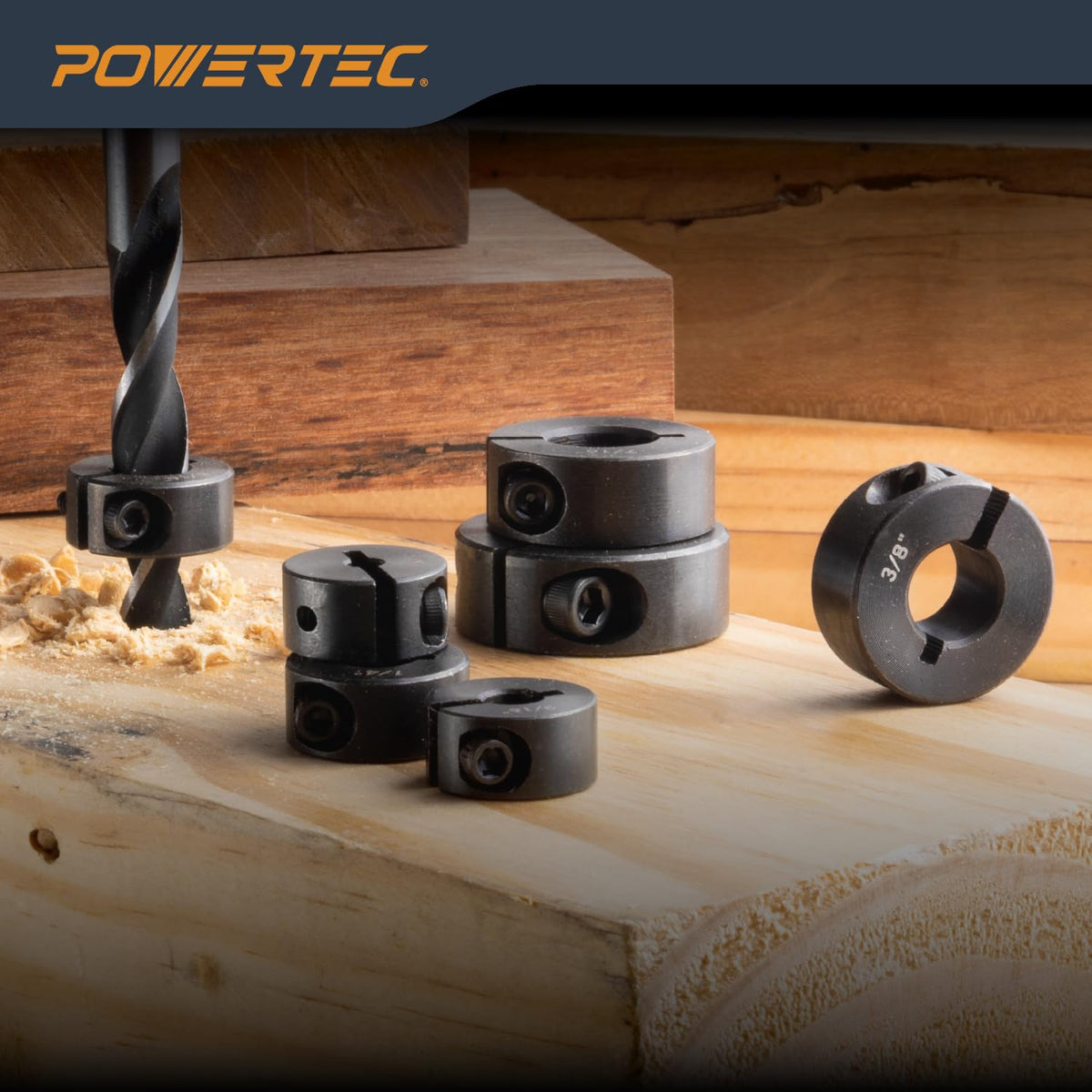 POWERTEC drill bit stop collar 3/16 inch for repeatable holes in joinery tasks.