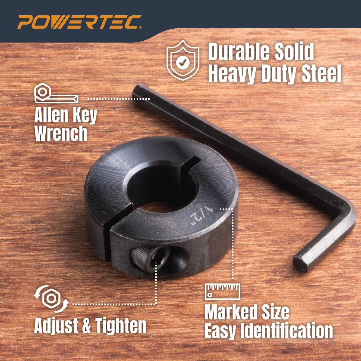 POWERTEC drill bit stop collar 5/16 inch for uniform pocket hole depths.