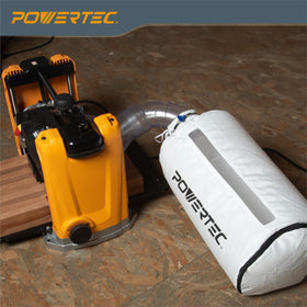 Powertec dust bag attached to DeWalt DW735 planer during installation