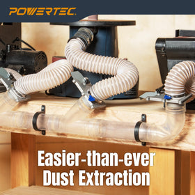 PowerTEC dust-collection setup highlights seamless hose connections.
