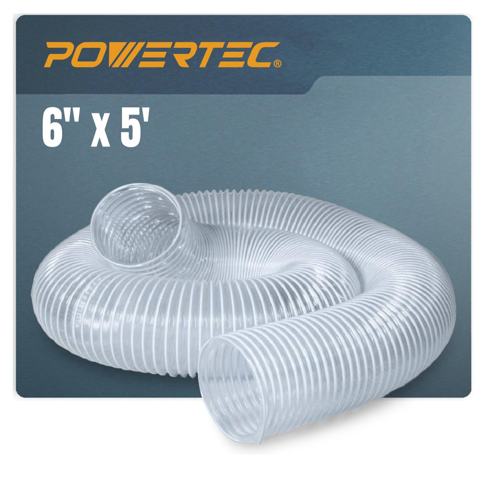 POWERTEC dust hose 6in 5ft showing flexible clear design for easy airflow monitoring.
