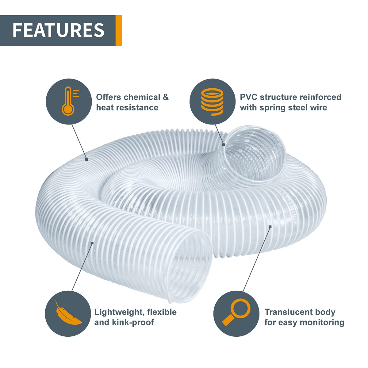 POWERTEC dust hose translucent body highlights debris flow and filtration visibility at work.