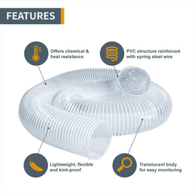 POWERTEC dust hose translucent body highlights debris flow and filtration visibility at work.