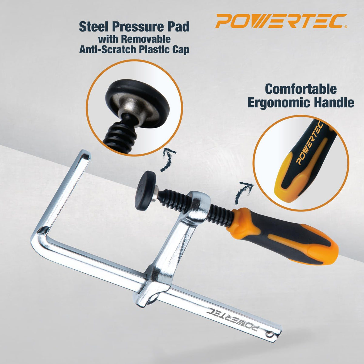 POWERTEC ergonomic clamp handle aids comfortable tightening during long jobs
