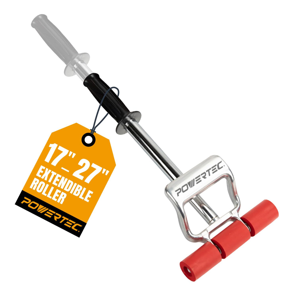 POWERTEC extendable roller with 27 inch handle shows versatile wall and floor coverage