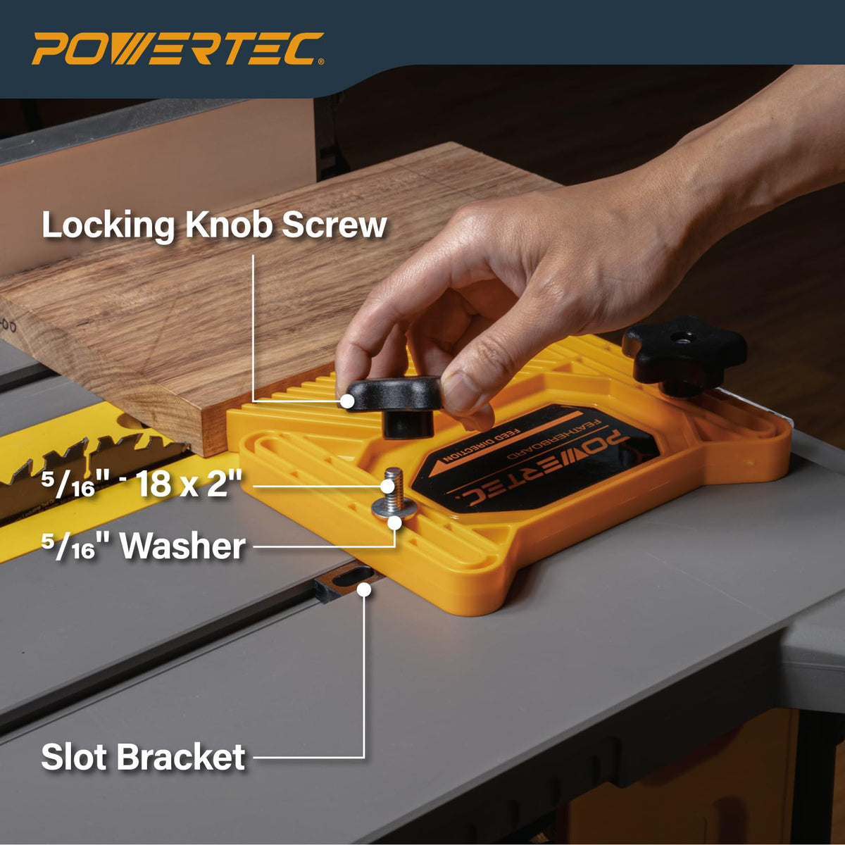 POWERTEC featherboards in horizontal mounting show versatile setup.