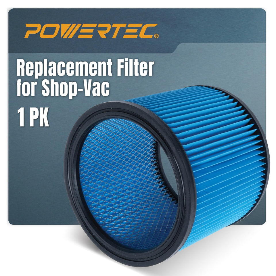 POWERTEC filter cartridge with 7-1-4-inch diameter for a snug Shop-Vac fit and better dust containment