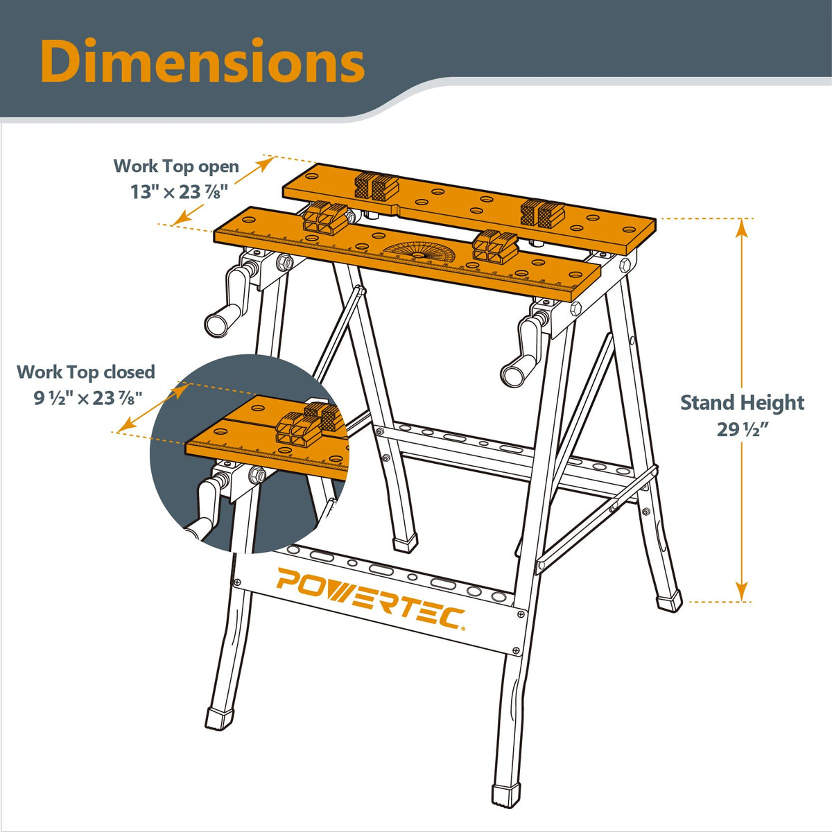 POWERTEC folding sawhorse worktable shown for easy transport and compact storage.