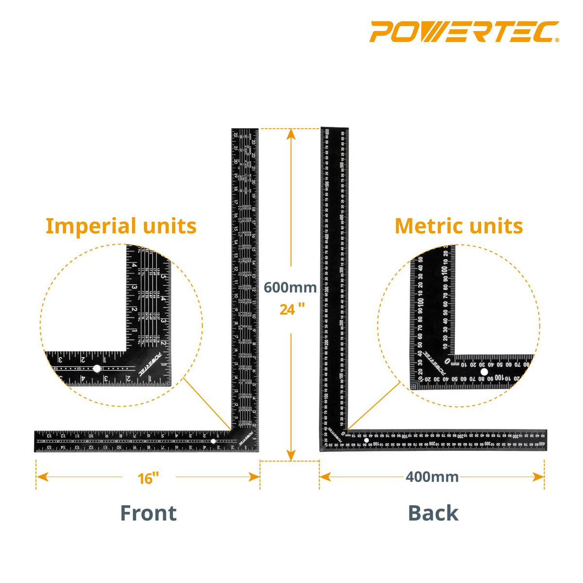 POWERTEC framing square back view showing metric scale for versatile measurement
