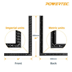 POWERTEC framing square back view showing metric scale for versatile measurement