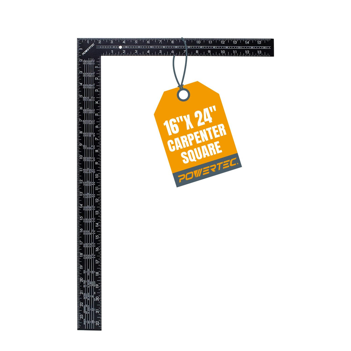 POWERTEC Framing Square front view showcases durable steel construction for precise layouts.